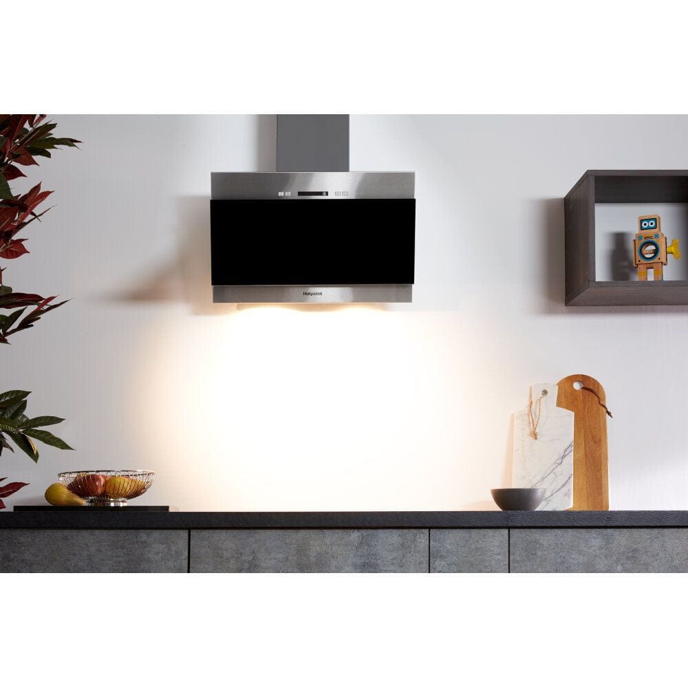 Hotpoint PHVP64FALK 60cm Angled Chimney Cooker Hood in Black | Atlantic Electrics