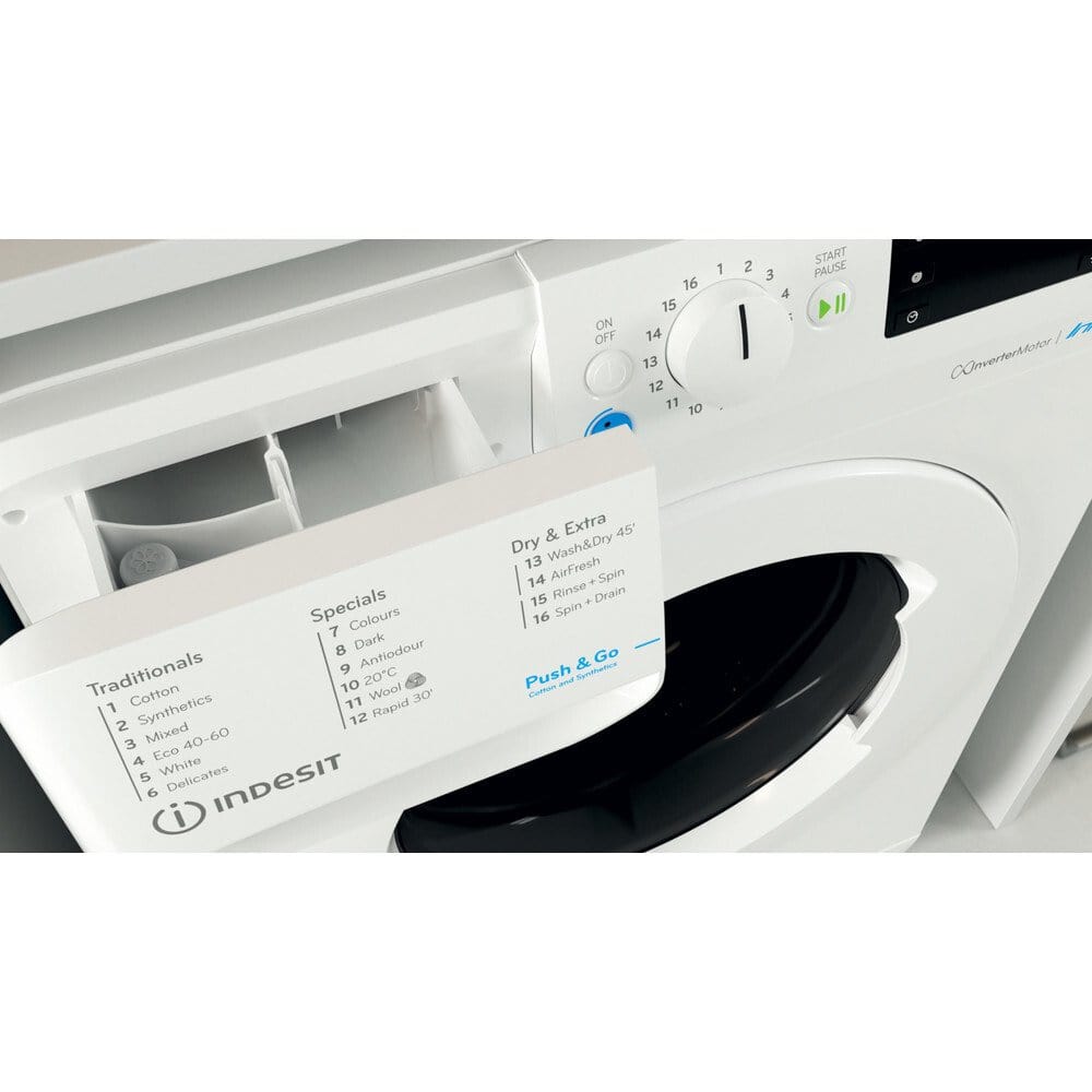 Indesit BDE107625XWUKN 10Kg / 7Kg Washer Dryer With 1600 Rpm, 59.5cm Wide - White - Atlantic Electrics - 39478061924575 