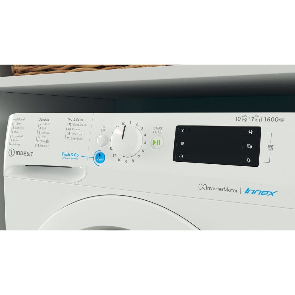 Indesit BDE107625XWUKN 10Kg / 7Kg Washer Dryer With 1600 Rpm, 59.5cm Wide - White | Atlantic Electrics - 39478061957343 