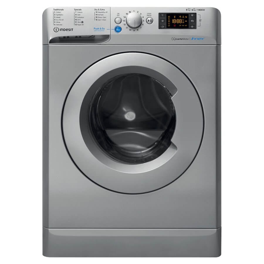 Indesit BDE861483XSUKN 8Kg - 6Kg Washer Dryer with 1400 rpm Push Go Silver | Atlantic Electrics