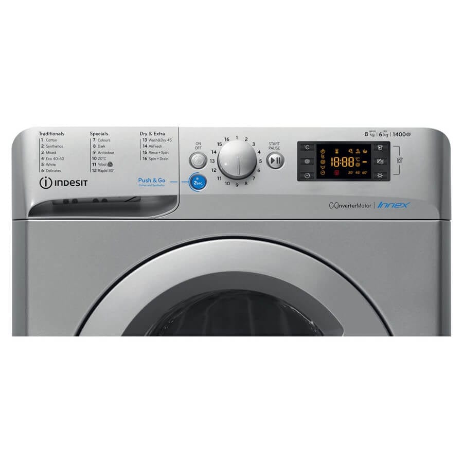 Indesit BDE861483XSUKN 8Kg - 6Kg Washer Dryer with 1400 rpm Push Go Silver - Atlantic Electrics - 39478060548319 