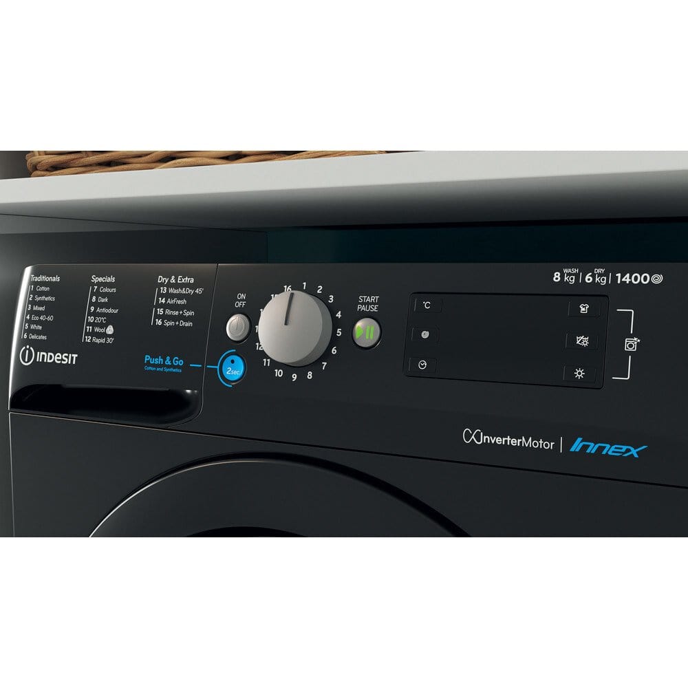 Indesit BDE86436XBUKN 8Kg / 6Kg Washer Dryer with 1400 rpm, 59.5cm Wide - Black | Atlantic Electrics - 39478062350559 