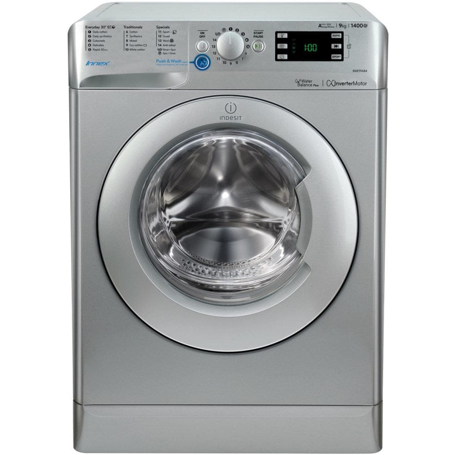 Indesit BWE91484 Freestanding Washing Machine 9kg Load 1400rpm Spin, Silver | Atlantic Electrics