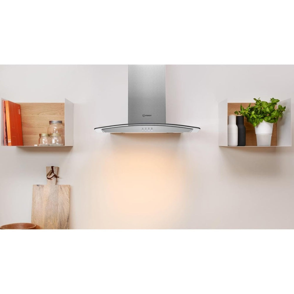 INDESIT IHGC65LMX 60cm Cooker Hood With Curved Glass Canopy - Stainless Steel | Atlantic Electrics - 39478086140127 