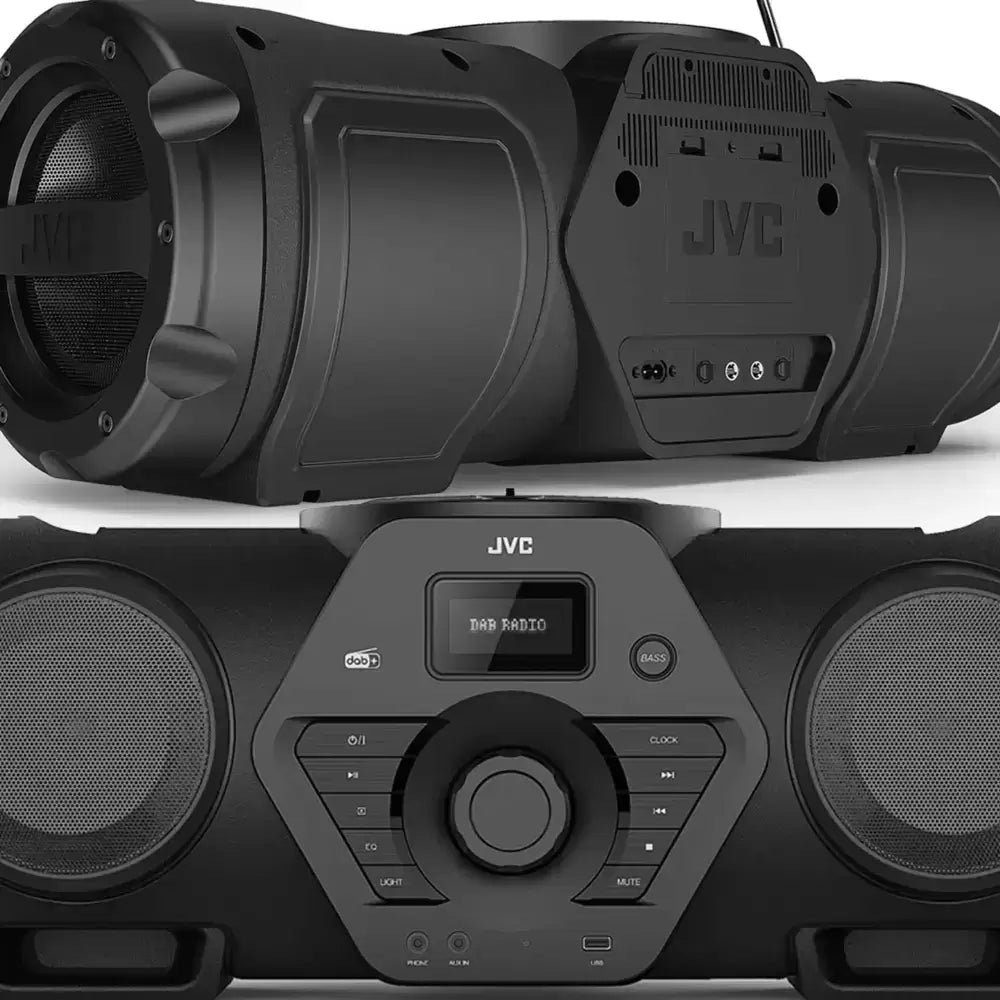 JVC RVNB300DAB 60W CD BoomBlaster with USB, DAB+ and Bluetooth with rechargeable battery pack | Atlantic Electrics