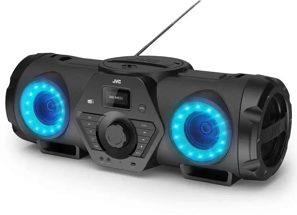 JVC RVNB300DAB 60W CD BoomBlaster with USB, DAB+ and Bluetooth with RECHARGEABLE BATTERY - Atlantic Electrics - 39759724806367 