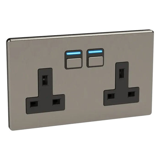 Lightwave LP42MK2 Smart Socket 2 gang, 3000 W, 230 V, Stainless Steel | Atlantic Electrics