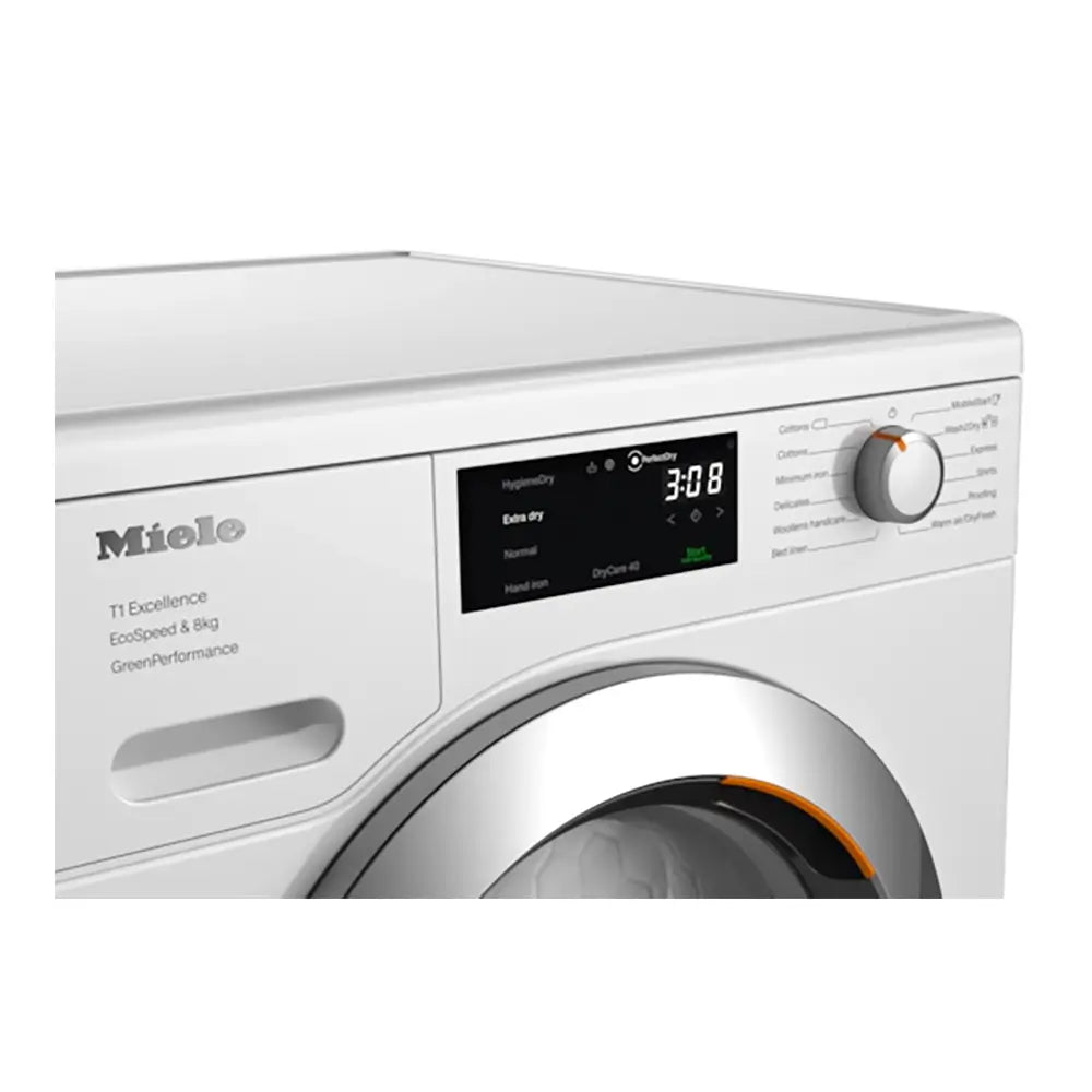 Miele TEF765WP 8kg T1 Freestanding Heat Pump Dryer with EcoSpeed and DryCare 40, 59.6cm Wide - Lotus White | Atlantic Electrics - 40157535666399 