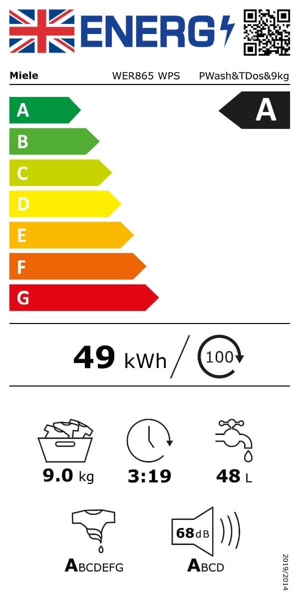 Miele WER865WPS Freestanding Washing Machine, 9kg Load, 1600rpm Spin, White | Atlantic Electrics - 39478277374175 