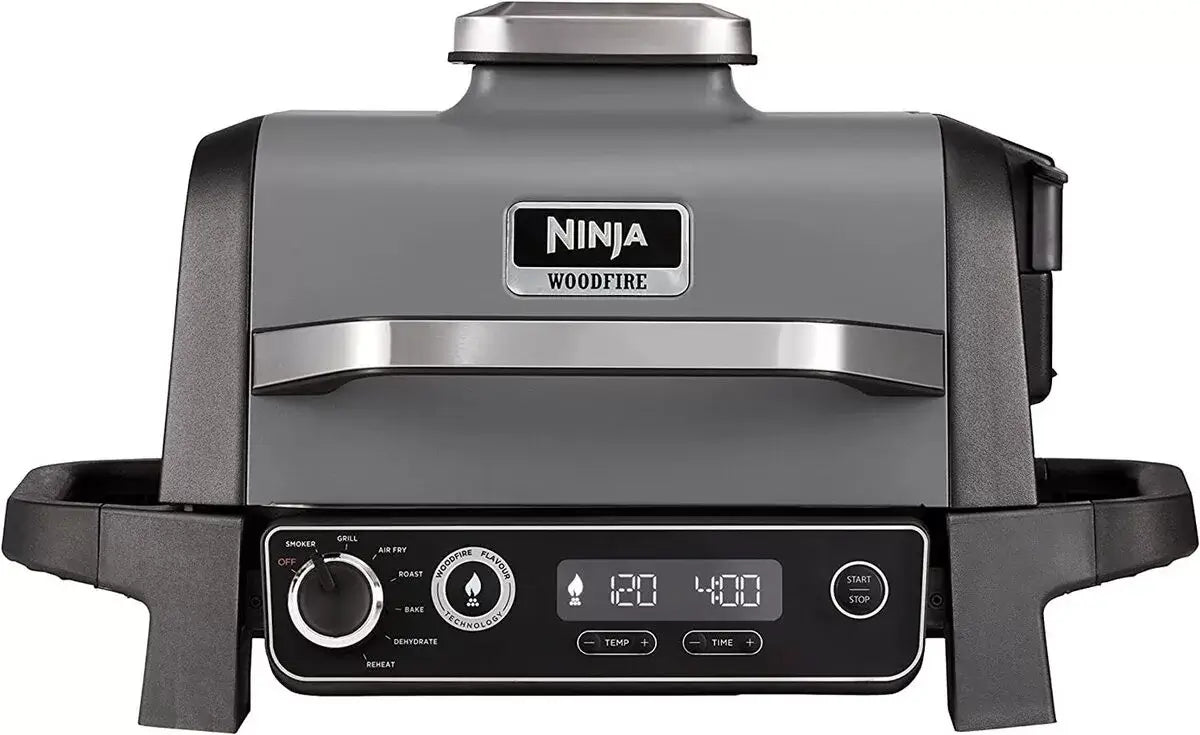 Ninja OG701UK Woodfire Electric BBQ Grill & Smoker, 7-in-1 Outdoor Grill & Air Fryer, Roast, Bake, Dehydrate, Uses Woodfire Pellets, Weather Resistant, Non-Stick, Portable, Electric, Grey/Black - Atlantic Electrics