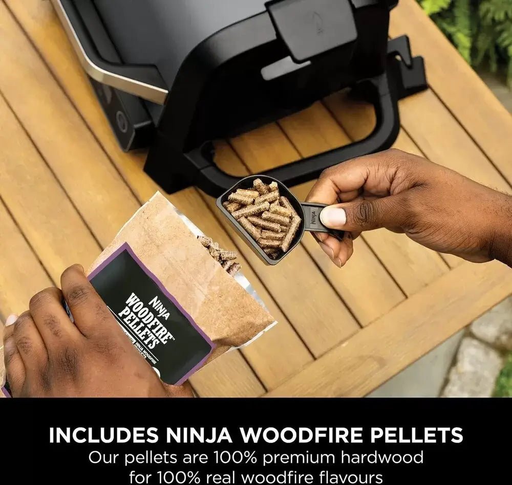 Ninja OG701UK Woodfire Electric BBQ Grill & Smoker, 7-in-1 Outdoor Grill & Air Fryer, Roast, Bake, Dehydrate, Uses Woodfire Pellets, Weather Resistant, Non-Stick, Portable, Electric, Grey/Black - Atlantic Electrics - 39709214146783 