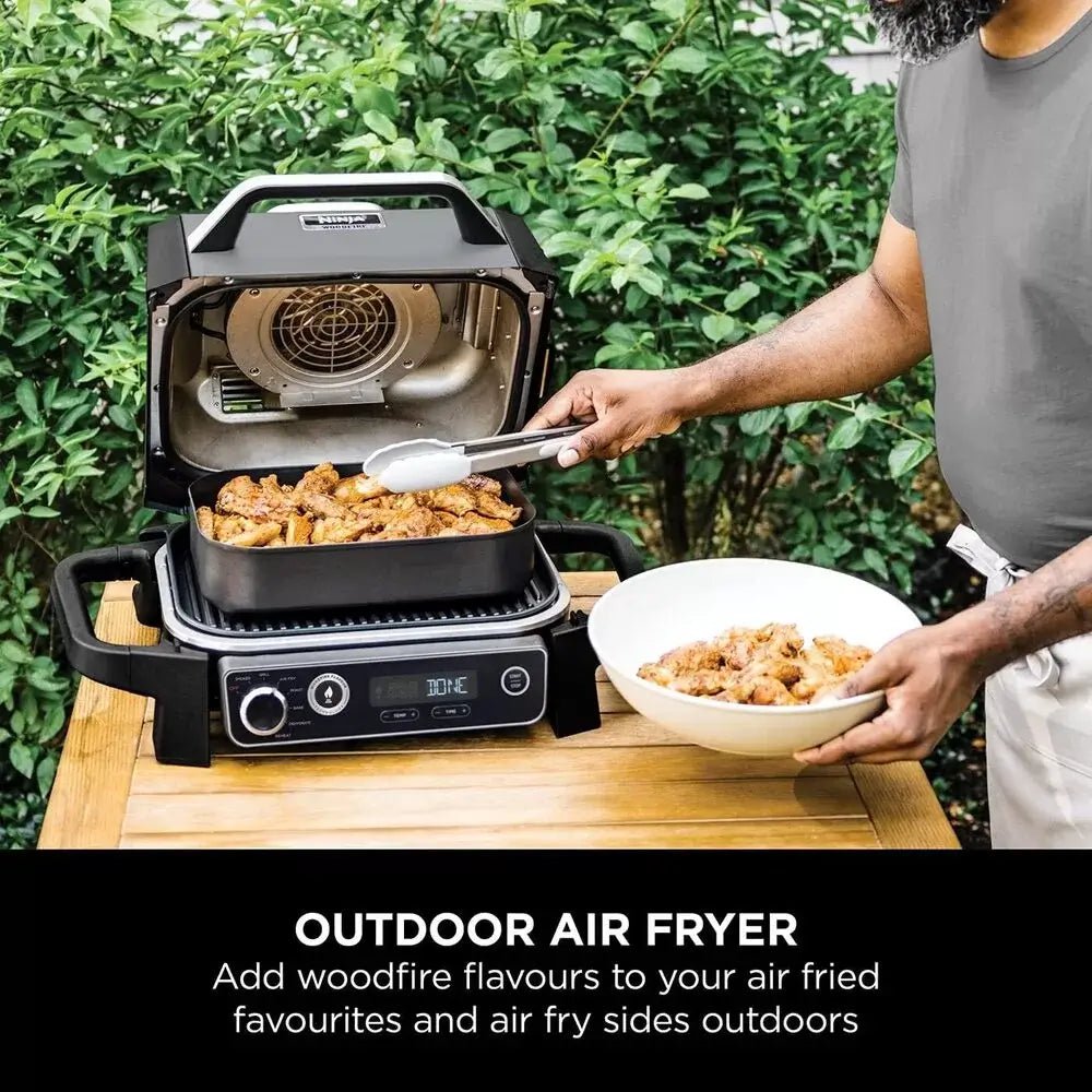 Ninja OG701UK Woodfire Electric BBQ Grill & Smoker, 7-in-1 Outdoor Grill & Air Fryer, Roast, Bake, Dehydrate, Uses Woodfire Pellets, Weather Resistant, Non-Stick, Portable, Electric, Grey/Black - Atlantic Electrics - 39709214114015 