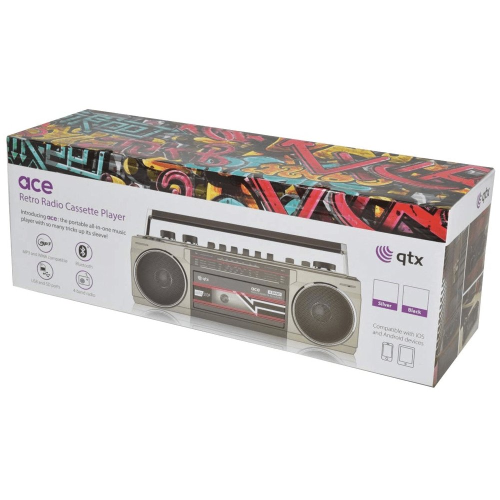 QTX ACE 120206 Retro Radio Cassette Player With Bluetooth, SD, USB & MP3 Playback - Silver - Atlantic Electrics - 39478321709279 