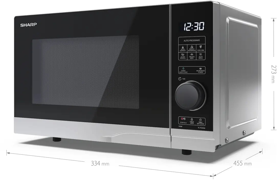 SHARP YCPS204AUS 20L 700W Microwave Oven - Black/Silver | 10 Power Levels, 8 Cook Programmes, Semi Digital Control - Atlantic Electrics