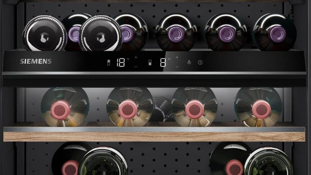 Siemens KU21WAHG0G 60cm Undercounter Dual Zone Built In Wine Cooler Black - Holds 44 bottles of wine - Atlantic Electrics - 39478428303583 