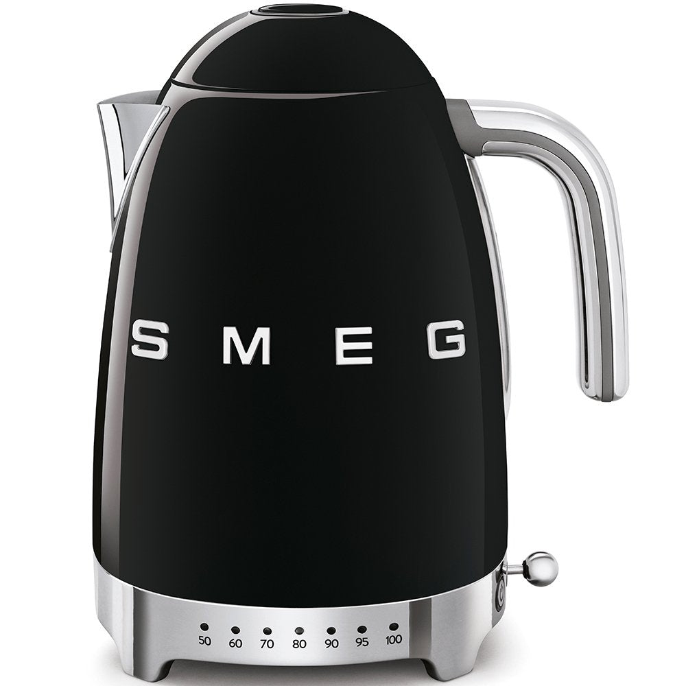 SMEG KLF04BLUK 1.7 Litre 50's Style Kettle, Temperature Control, 22.6cm Wide - Black | Atlantic Electrics - 39478436692191 