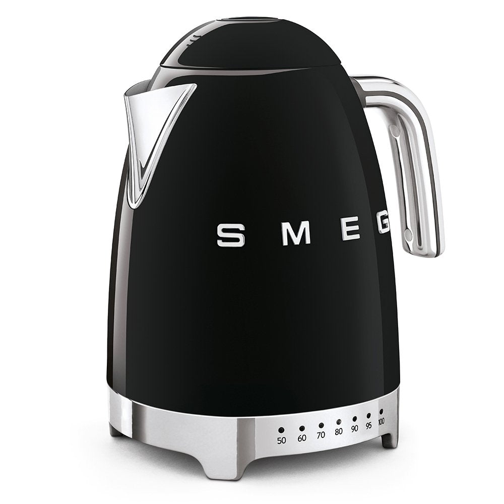 SMEG KLF04BLUK 1.7 Litre 50's Style Kettle, Temperature Control, 22.6cm Wide - Black | Atlantic Electrics - 39478436757727 