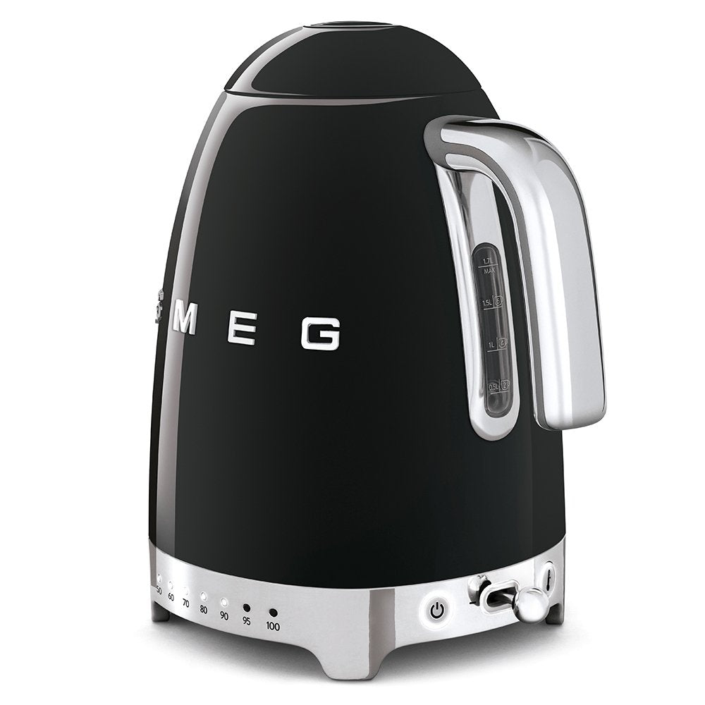 SMEG KLF04BLUK 1.7 Litre 50's Style Kettle, Temperature Control, 22.6cm Wide - Black | Atlantic Electrics - 39478436790495 