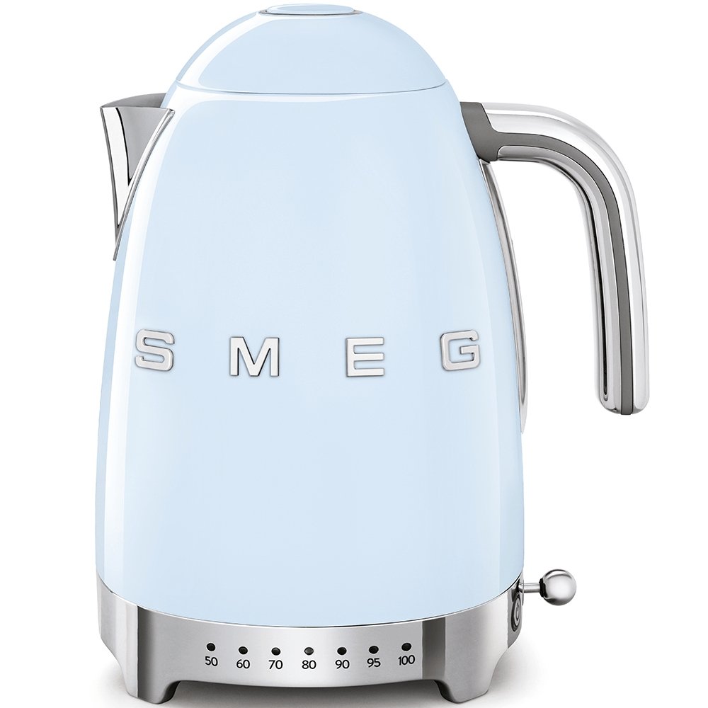 SMEG KLF04PBUK 1.7 Litre 50's Style Kettle, Temperature Control, 22.6cm Wide - Pastel Blue | Atlantic Electrics - 39478436593887 