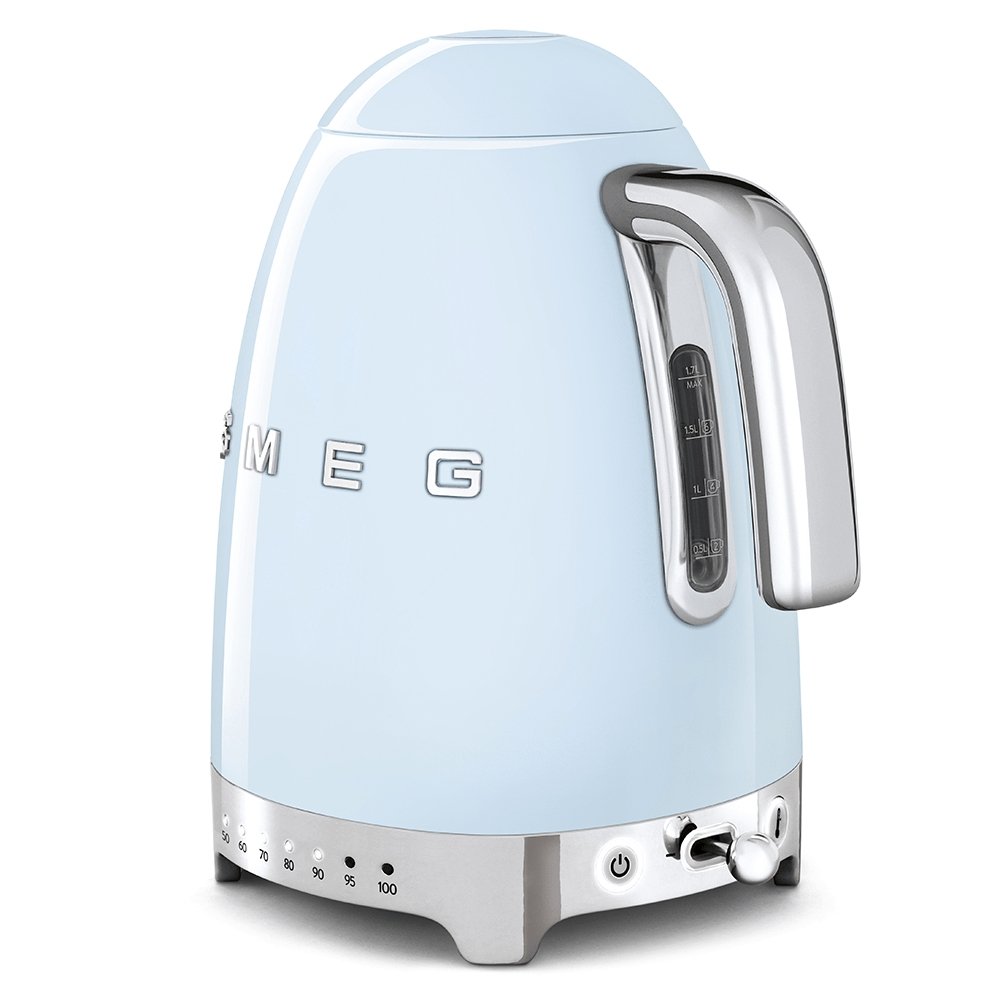 SMEG KLF04PBUK 1.7 Litre 50's Style Kettle, Temperature Control, 22.6cm Wide - Pastel Blue | Atlantic Electrics - 39478436659423 