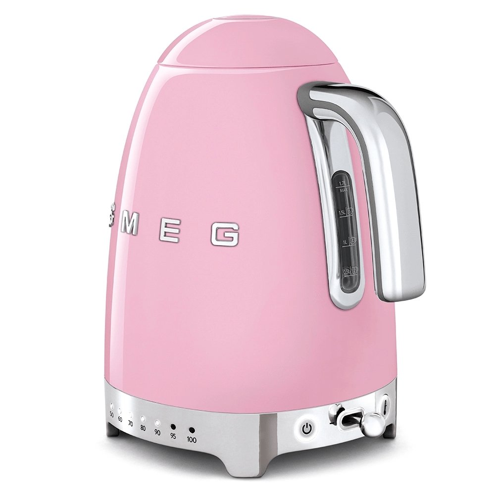 SMEG KLF04PKUK 1.7 Litre 50's Style Kettle, Temperature Control, 22.6cm Wide - Pink | Atlantic Electrics - 39478437314783 