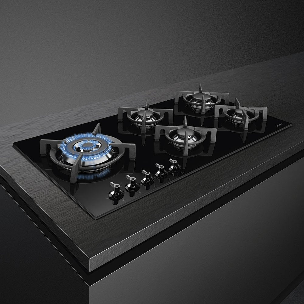 Smeg PV395LCN 90cm Wide Classic Gas on Glass Ceramic 5 Burner Hob - Black | Atlantic Electrics - 39478437413087 