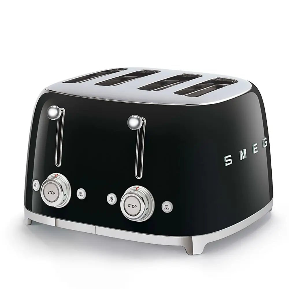 SMEG TSF03BLUK 50's Style Toaster, 4 Slices with Bagel Toasting, Reheat and Defrost Settings, 30cm Wide - Gloss Black - Atlantic Electrics