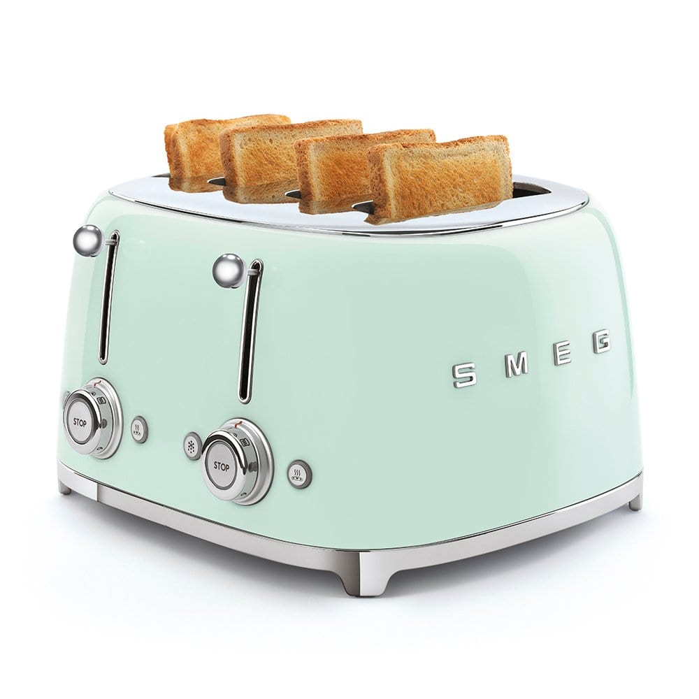 Smeg TSF03PGUK Retro 4 Slice Toaster, 4 Extra-Wide Slots, 6 Browning Levels, Automatic Pop-Up, Removable Crumb Trays, Reheat and Defrost Buttons, Anti Slip Feet, 2000 W, Pastel Green | Atlantic Electrics - 39478453141727 