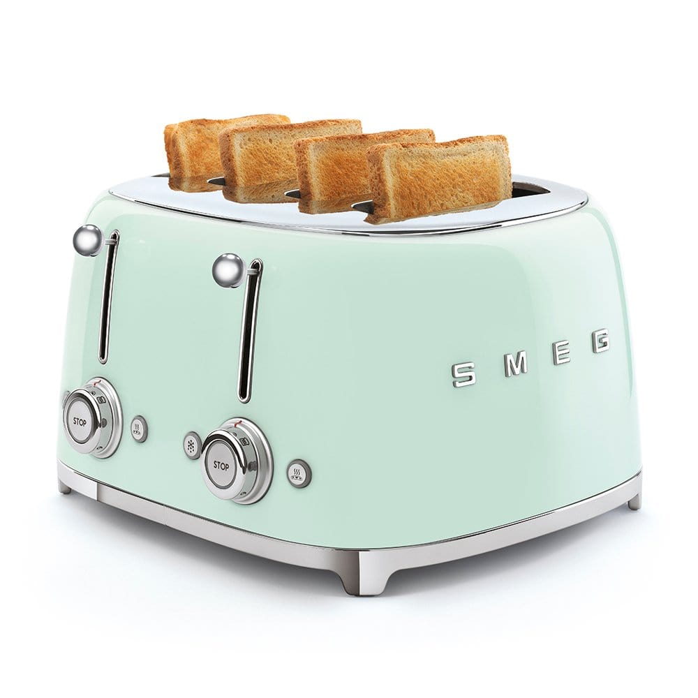 Smeg TSF03PGUK Retro 4 Slice Toaster, 4 Extra-Wide Slots, 6 Browning Levels, Automatic Pop-Up, Removable Crumb Trays, Reheat and Defrost Buttons, Anti Slip Feet, 2000 W, Pastel Green | Atlantic Electrics