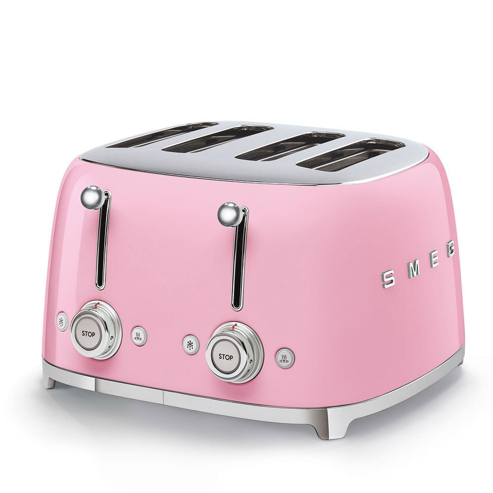 Smeg TSF03PKUK Retro 4 Slice Toaster, 4 Extra-Wide Slots, 6 Browning Levels, Automatic Pop-Up, Removable Crumb Trays, Reheat and Defrost Buttons, Anti Slip Feet, 2000 W, Pink | Atlantic Electrics