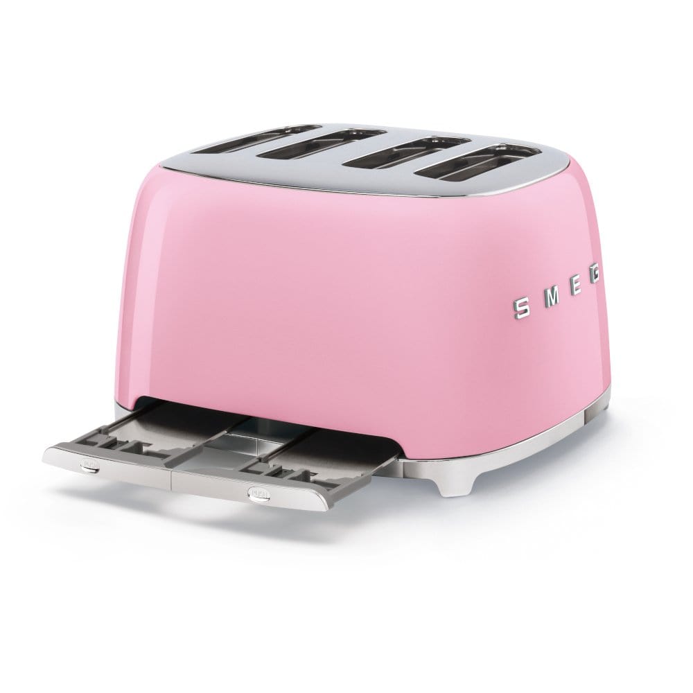 Smeg TSF03PKUK Retro 4 Slice Toaster, 4 Extra-Wide Slots, 6 Browning Levels, Automatic Pop-Up, Removable Crumb Trays, Reheat and Defrost Buttons, Anti Slip Feet, 2000 W, Pink | Atlantic Electrics