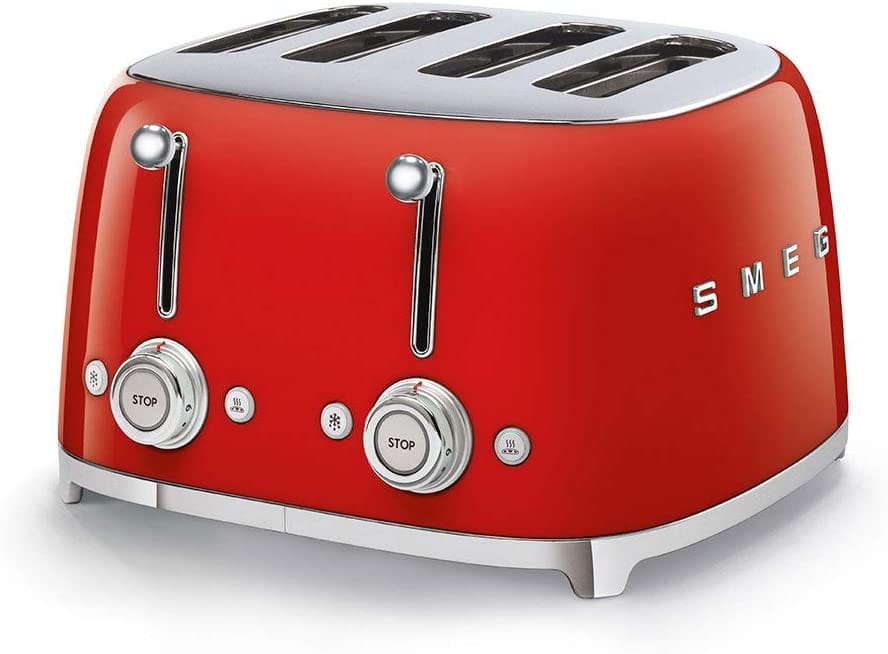 Smeg TSF03RDUK Retro 4 Slice Toaster, 4 Extra-Wide Slots, 6 Browning Levels, Automatic Pop-Up, Removable Crumb Trays, Reheat and Defrost Buttons, Anti Slip Feet, 2000 W, Red | Atlantic Electrics - 39478453993695 