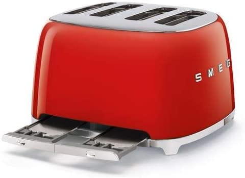 Smeg TSF03RDUK Retro 4 Slice Toaster, 4 Extra-Wide Slots, 6 Browning Levels, Automatic Pop-Up, Removable Crumb Trays, Reheat and Defrost Buttons, Anti Slip Feet, 2000 W, Red | Atlantic Electrics - 39478454124767 