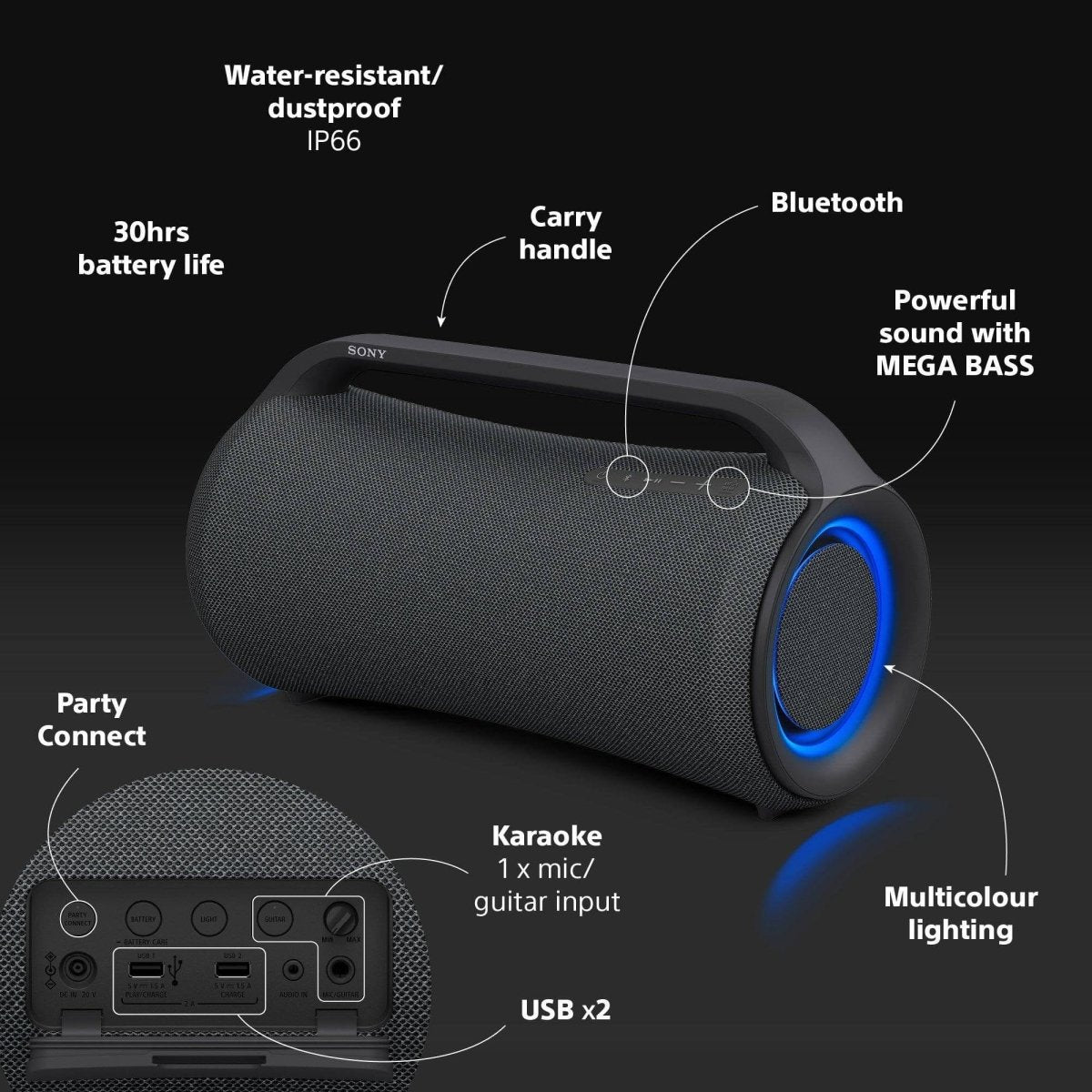 Sony SRSXG500 Wireless Bluetooth 2ch Mega Bass Portable Speaker - Black | Atlantic Electrics