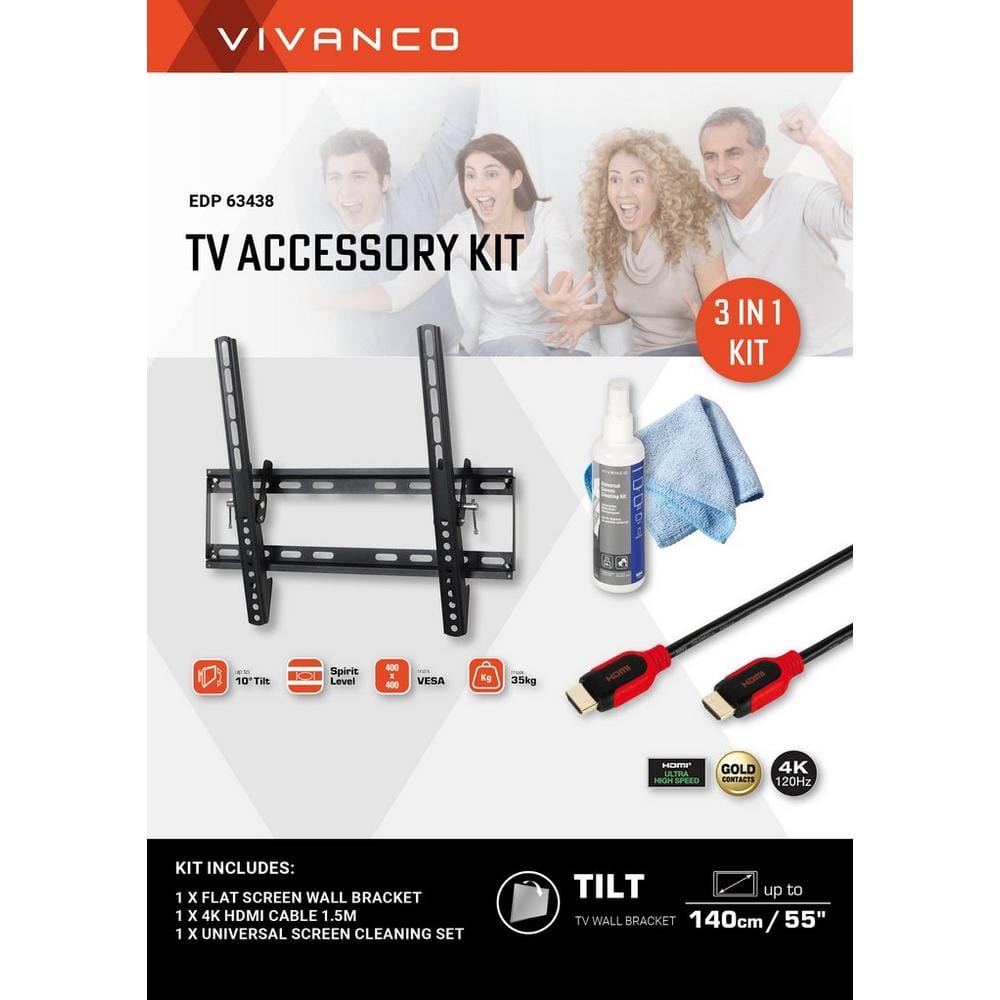 Vivanco 63438 TV Accessory Kit with 23"- 55" Tilt Wall Bracket, 1.5m HDMI Cable and Screen Cleaner | Atlantic Electrics - 39478523986143 