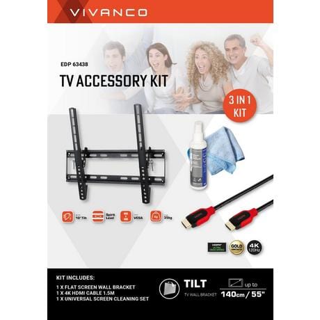Vivanco 63438 TV Accessory Kit with 23"- 55" Tilt Wall Bracket, 1.5m HDMI Cable and Screen Cleaner | Atlantic Electrics - 39478524379359 