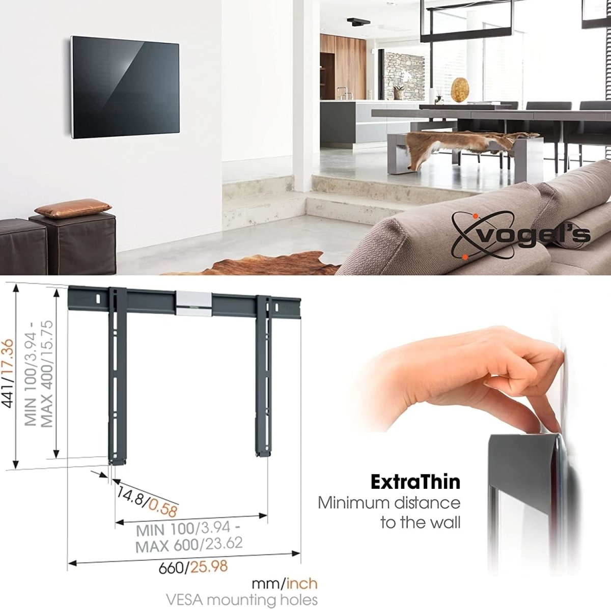 Vogel's THIN 505 Flat TV Wall Bracket for 40-65 Inch (102-165 cm) TVs, Max. 88 Lbs (40 kg), Max. VESA 600 x 400, Ultra Slim TV Wall Mount, TÜV Certified , Black | Atlantic Electrics