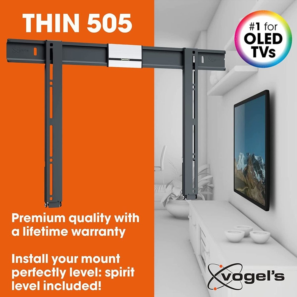 Vogel's THIN 505 Flat TV Wall Bracket for 40-65 Inch (102-165 cm) TVs, Max. 88 Lbs (40 kg), Max. VESA 600 x 400, Ultra Slim TV Wall Mount, TÜV Certified , Black | Atlantic Electrics