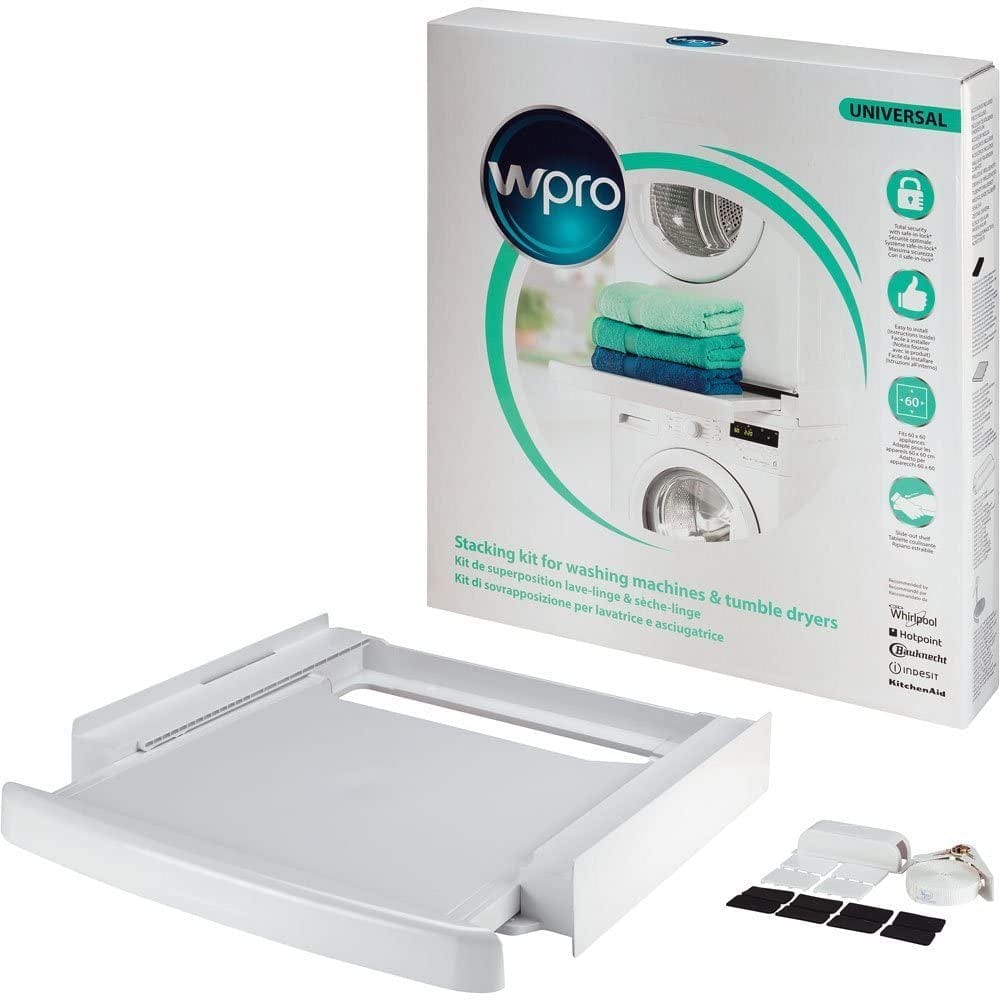 WPRO SKS101 Universal Stacking Kit For Washing Machine - Dryer 60cm With Sliding Shelf - White | Atlantic Electrics - 39478556131551 