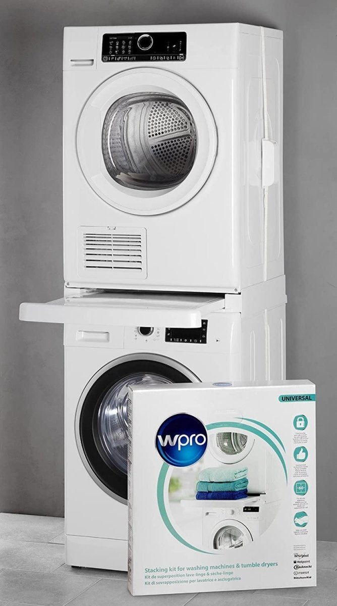 WPRO SKS101 Universal Stacking Kit For Washing Machine - Dryer 60cm With Sliding Shelf - White | Atlantic Electrics - 39478556229855 