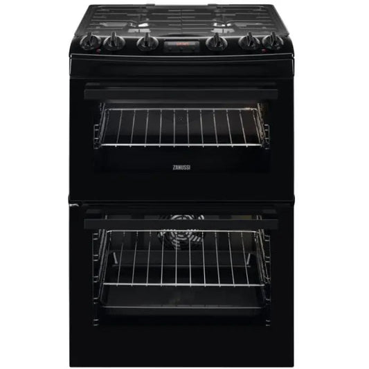 Zanussi ZCK66350BA Dual Fuel Double Oven Cooker with Gas Hob- Black | Atlantic Electrics