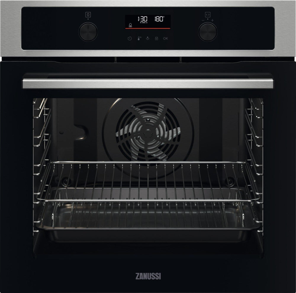 Zanussi ZOPND7XN Built In Electric Single Oven with Pyrolytic Cleaning - Stainless Steel / Black | Atlantic Electrics - 41355836096735 